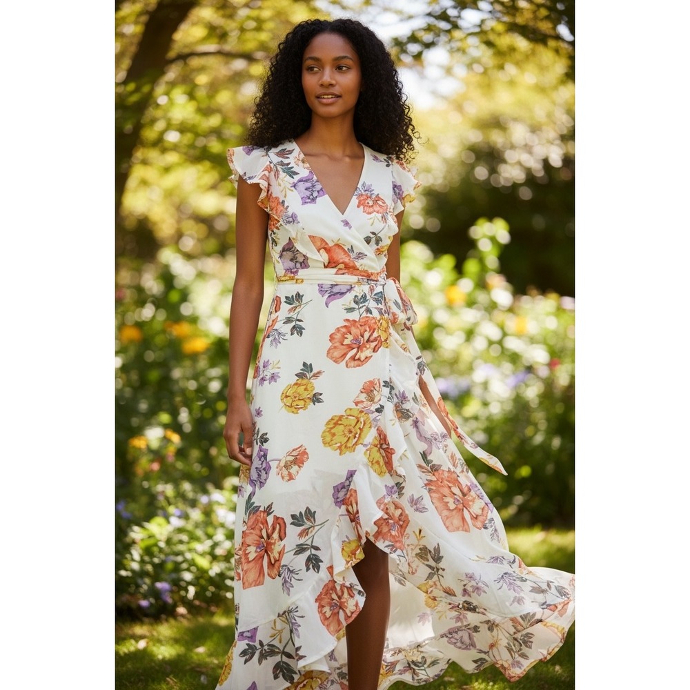 June & Hudson Floral High-Low Maxi Dress Flutter Sleeve V-Neck Small Romantic